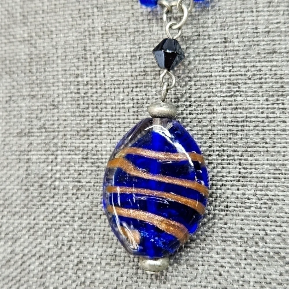 VINTAGE Italian Glass Blue and Gold Swirl Beaded Pendant Necklace